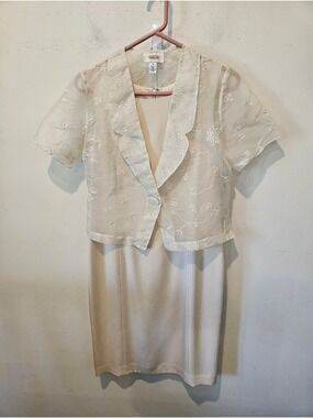 Women's Talbots Silk Cream Sheath Dress with Embroidered SheerJacket Set Size 6